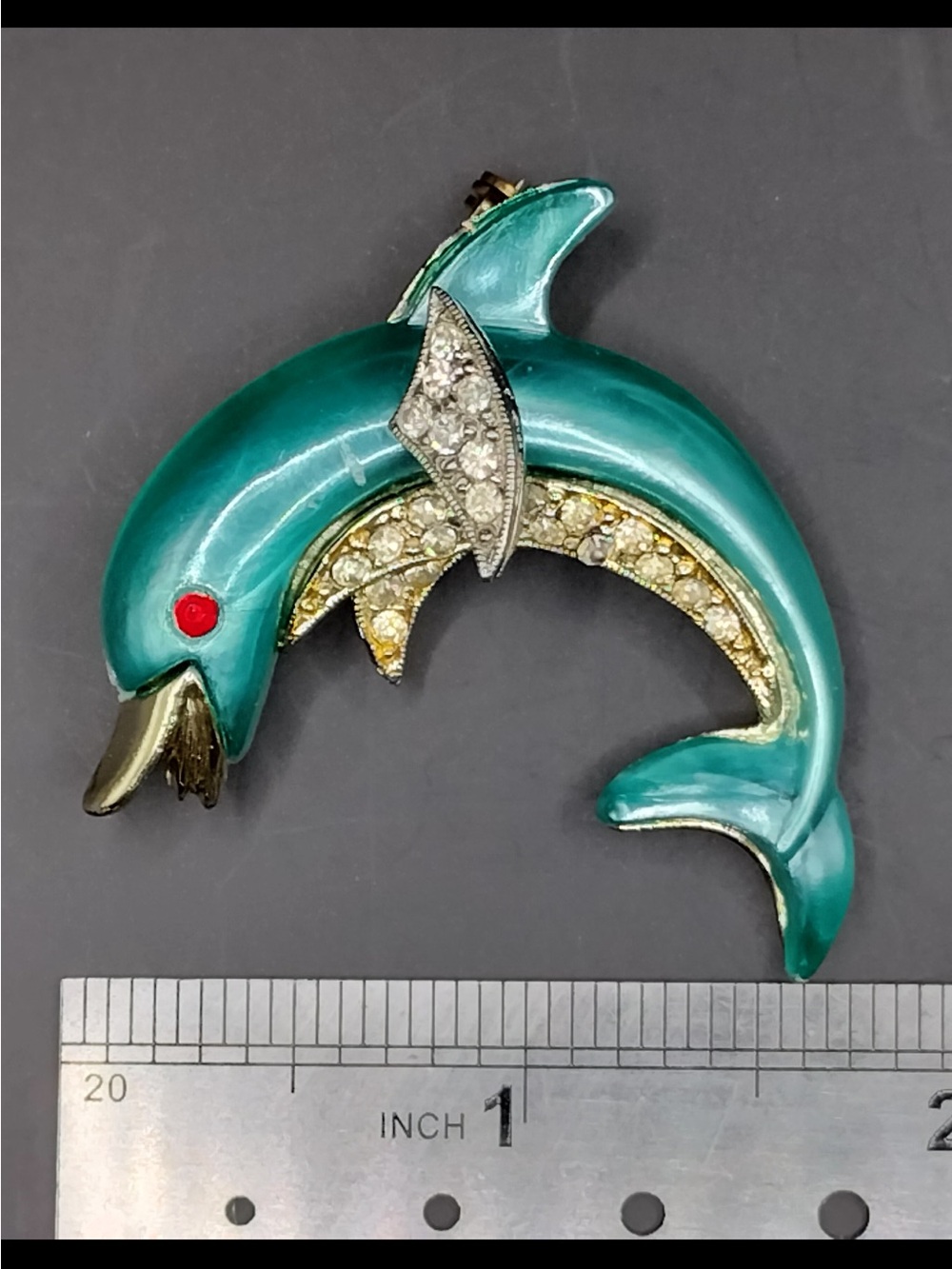 Vintage Gold-tone Dolphin Brooch w Green‎ & Blue Enamel, White Rhinestones